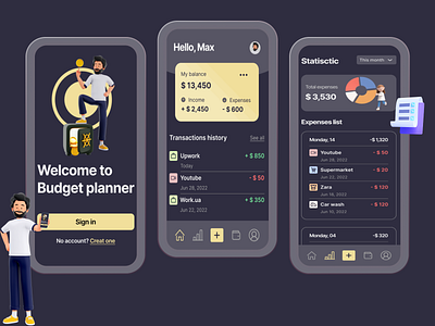 Budget planner app/ expenses tracker app application budget chart design expenses graphic design home screen income planner profile schedule sign in sign up statistic tracker ui ux