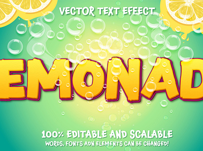 Lemonade juice text, bubble lemon editable text effect health