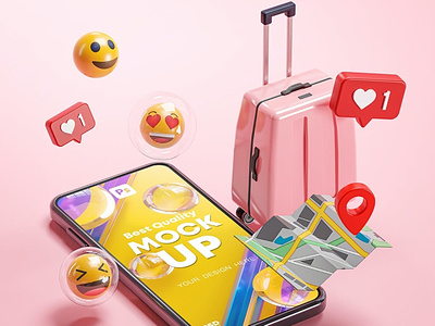 Phone Mockup Pink Suitcase Emoji Travel Online 3D
