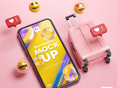 Phone Mockup Pink Suitcase Emoji Travel Online 3D