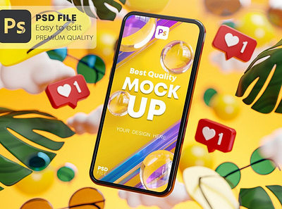 Phone Mockup Summer Yellow Tropical Concept 3D 3d abstract aesthetic cartoon concept cute design icon leaf love mockup phone poster poster 3d print printing smartphone summer tropical yellow