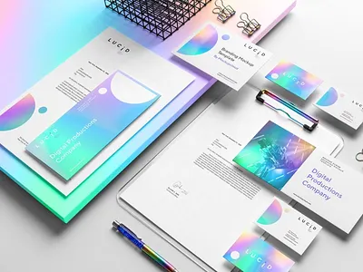 Neon & Holographic Branding Mockups brand stationery branding card document holographic holography letterhead logoidentity lucid mockup neon paper poster presentation print psd stationery template typography white