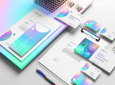 Neon & Holographic Branding Mockups brand stationery branding card document holographic holography letterhead logoidentity lucid mockup neon paper poster presentation print psd stationery template typography white