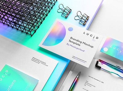 Neon & Holographic Branding Mockups abstract branding card document holographic holography letterhead logo identity lucid mockup neon paper poster presentation print psd stationery template typography white
