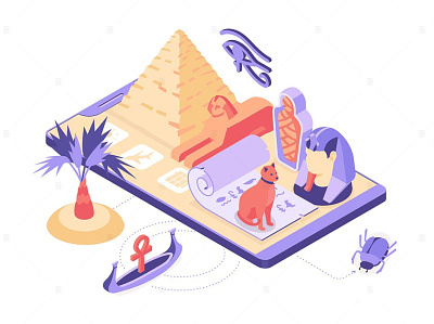 Vacation in Egypt - Isometric Illustration abstract ancient app background design egypt egyptian illustration landmark mobile mummy papyrus pyramid scarab sightseeing smartphone sphinx tour traveling ui