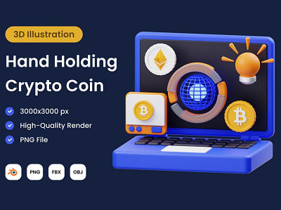 Laptop with Crypto Coin 3D Illustration 3d bitcoin coin crypto cryptocurrency device exchange idea illustration landing laptop market nft objects trading ui user interface ux web design website