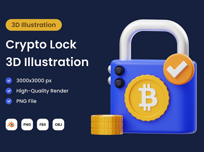 Crypto Lock 3D Illustration 3d 3d illustration bitcoin crypto cryptocurrency development icon icon design icons illustration landing landing page locker market nft save secure security web website