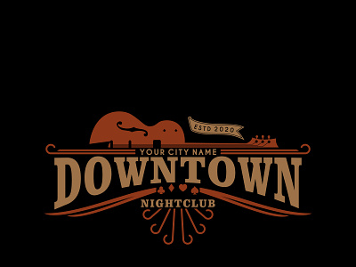 Downtown Nightclub Vintage Retro Logo, Western Logo Design america american bar club company cowboy disco downtown guitar guitarhead label logo melody naughty nightclub party texas vector vintage western