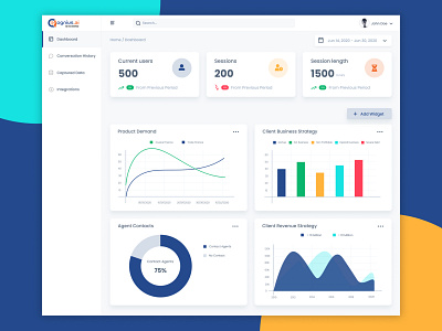 Chatbot Dashboard - Cognius analytics artificialintelligence branding business chatbot clean conversation dashboard data design graph graphic design history illustration minimal typography uiux ux web website