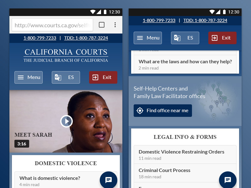 California Courts redesign sticky header navigation header read time video media map gradient browser android mobile web