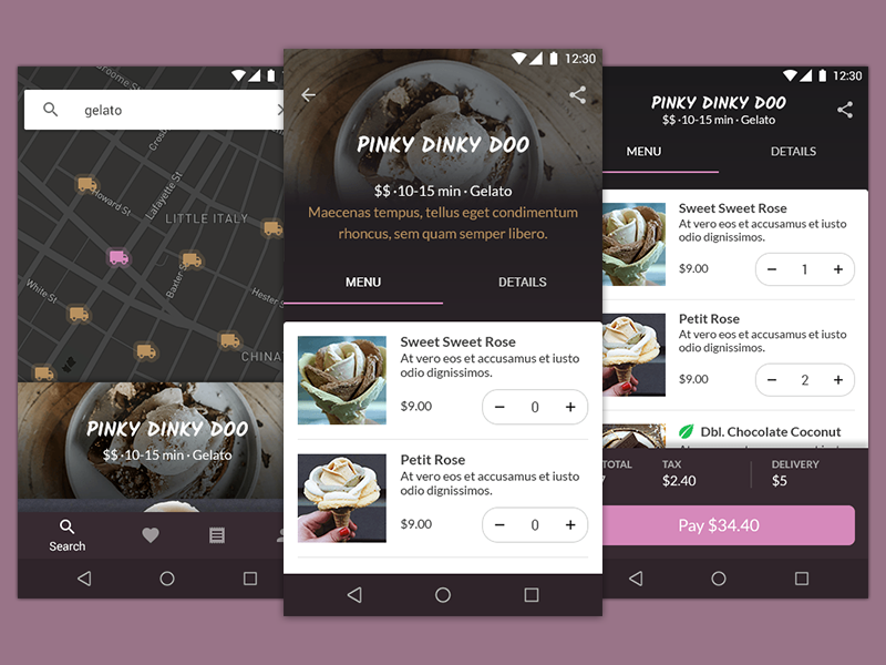 Ice Cream Delivery App Concept increment selector checkout menu order tab bar map bottom navigation material design android