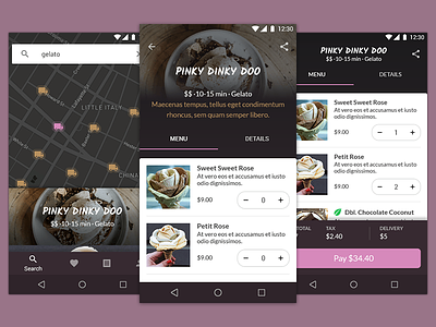 Ice Cream Delivery App Concept android bottom navigation checkout increment selector map material design menu order tab bar