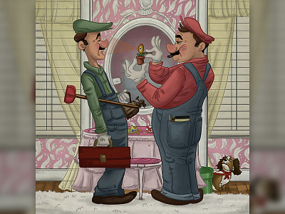 Two Plumbers luigi mario nintendo norman rockwell plumbers