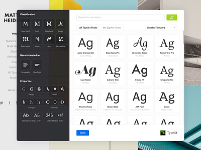 Browsing Typekit fonts adobe browser filter fonts portfolio typekit typography ui