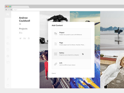 Add content panel add content adobe behance editor portfolio product design side bar sidebar ui