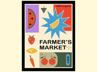 FARMER'S MARKET POSTER banana carrot farmers market farmers market poster fruit grapes graphic design icon illustration lemon minimal poster shapes strawberry vegetable watermelon