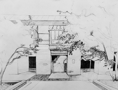 Outside on North Campus building illustration pencil on paper