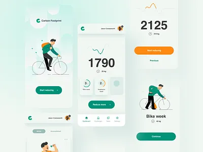 Carbon Footprint - concept app screens activities carbon footprint co2 dashboard design emission environment green illustrations interface ios mobile mobile app mobile screens orange planet ui ui design ux vector