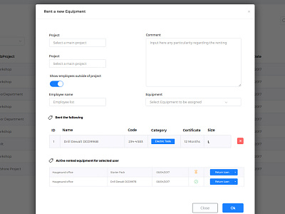 Equipment Management Software design equipment management modal