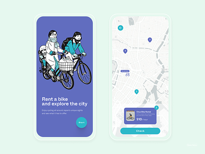 Japan Bike Rental Mobile App - Exploration app bike branding clean cycle design illustration japan logo map rental ui ux vector