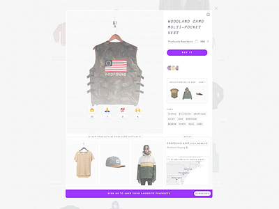 Product Modal buttons emoji fashion map modal product purple shopping tags