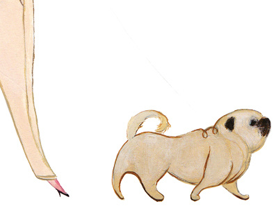 Smug dog handmade illustration pug walk