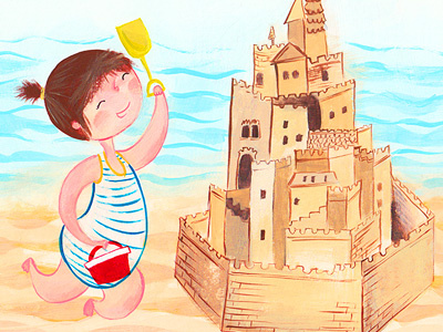 Beach Day! bathing suit beach beige blue bucket castle ocean red sand sand castle scoop shovel water yellow