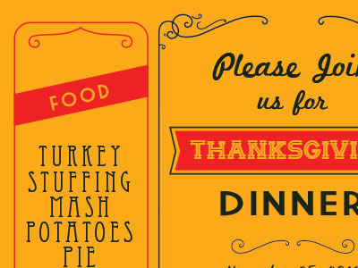 Thanksgiving Invite banner dinner food invitation mashed potatoes orange stuffing swirls thanksgiving turkey