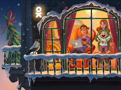 Christmas is coming... animal balcony cartoon character christmas christmas tree crow cute emotions family illustration love new year romantic woman