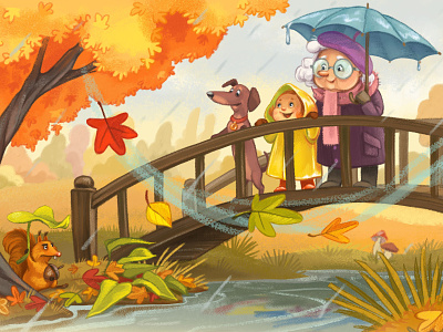 It's Autumn autumn bridge cartoon characters child cute dachshund dog fall family granny illustration leaves park rain
