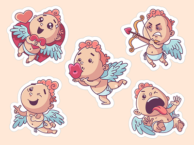 Cupid sticker set for ok.ru angel cartoon character cupid emotions love romantic set sticker valentines day vector