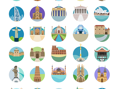 Landmark badges by Elena Selivanova for OK on Dribbble