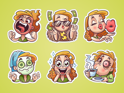 Girly sticker set for OK.ru angry calm coffee emotions excitement girl kiss money set sticker vector woman