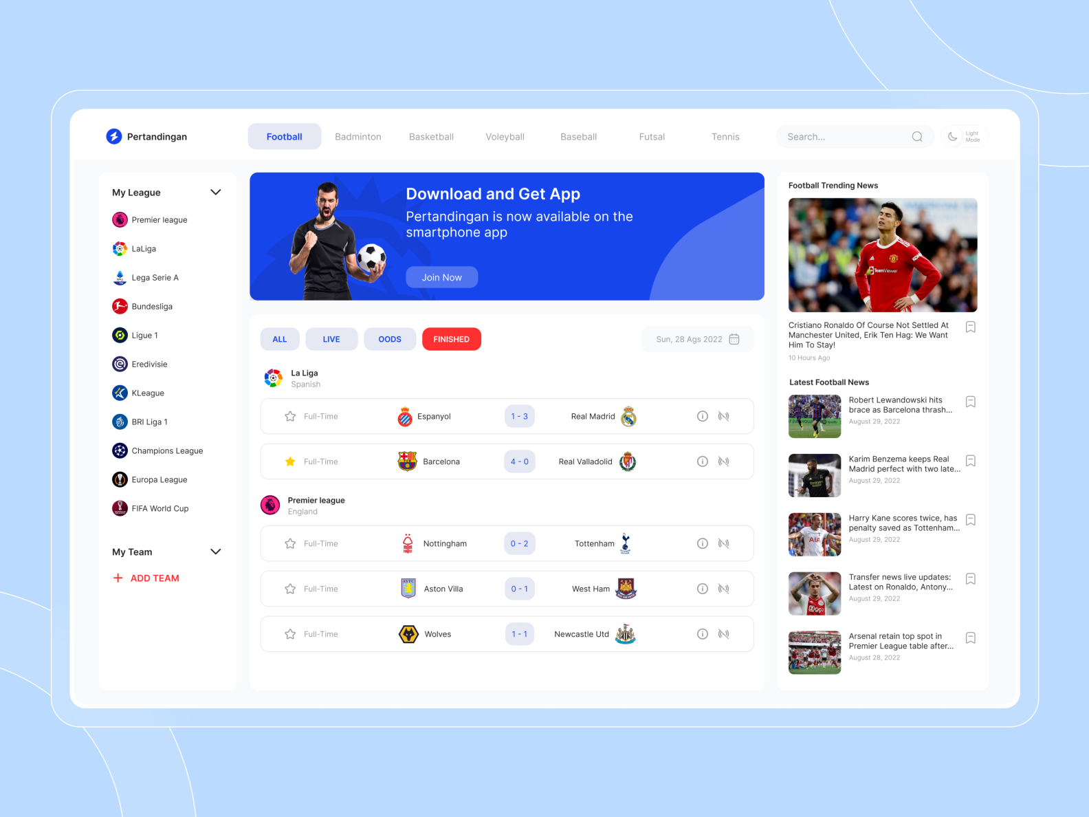 Sports Live Score Dashboard  Design by Khafidz Nur Rahman on Dribbble