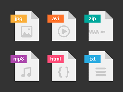Colorful File Format Icons design extension file format html icon image mp3 music text txt video