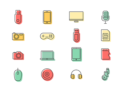 Gadget icons camera card cd color palette headphones icons microphone mouse offset phone tablet usb