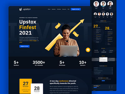 Event landing page- Finance and Investment branding conference design event finance finance and investment footer hero section investment landing page landing page design money perks product design speakers sponsors testimonials ui ux
