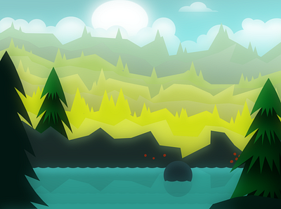 Mountain Forest By The River (ArtLeonStyle) 2d backgraund backgraunds for game for mobile forest game art game graphic green illustration landscape mountain raster river suny