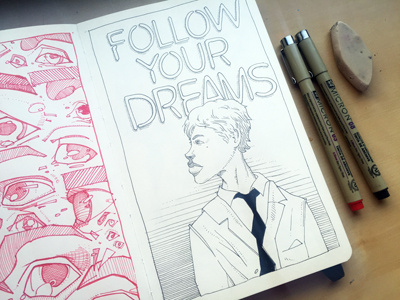 Follow Your Dreams biglips blackink crosshatching drawing illustration micron moleskine patterns sketchbook study typography