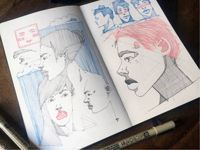 Freestyle blackink crosshatching drawing faces freestyle illustration micron moleskine offthetop patterns redink sketchbook