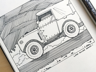 Land Rover Series 1 blackink car crosshatching drawing illustration landrover moleskine mountains patterns sharpie sketchbook study