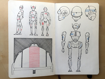 Robot v1 crosshatching drawing lineart moleskine redvblue robots sketchbook