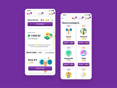 Kvízuj - quiz app with real cash prizes app card cash design game mobile play prize quiz ui ux