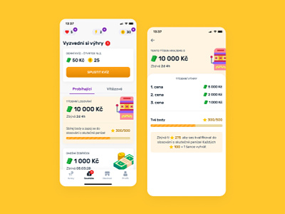 Kvízuj - casual quiz game with reals prizes app card casual clean game happy illustration mobile play progressbar quiz ui ux yellow