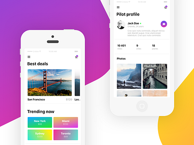 Flying social network concept app clean color dashboard gradient grid ios list mobile photos profile ui