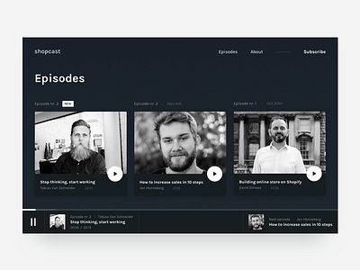 Podcast episodes concept card dark homepage landing list music play podcast text ui web