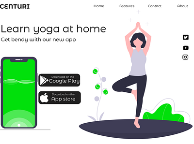 Centuri the perfect yoga app. graphic design green illustration light mode ui web design