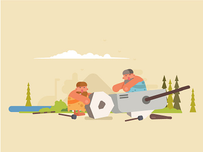 Caveman teamwork car caveman driving flat design helping illustration man person teamwork vector wheel