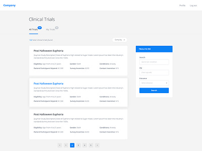 Clinical trials dashboard listing pagination tabs