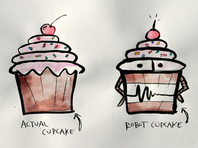 robot cupcake cupcake illustration ink kids robot text typography watercolor